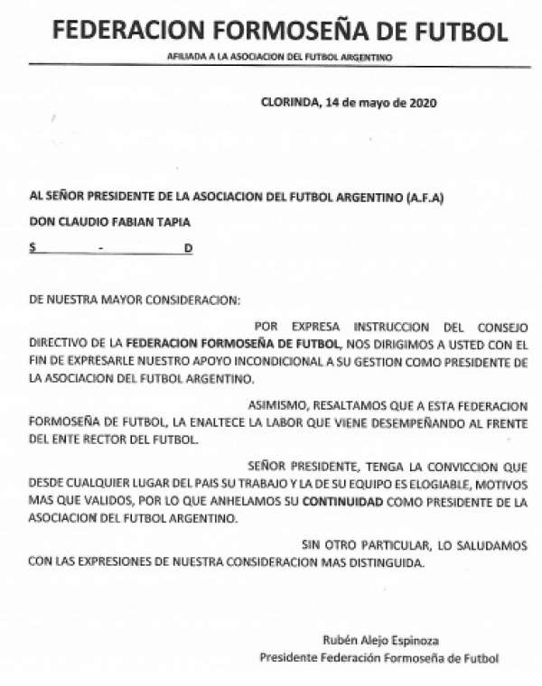 El apoyo de las Ligas del Interior a la gestión de Tapia